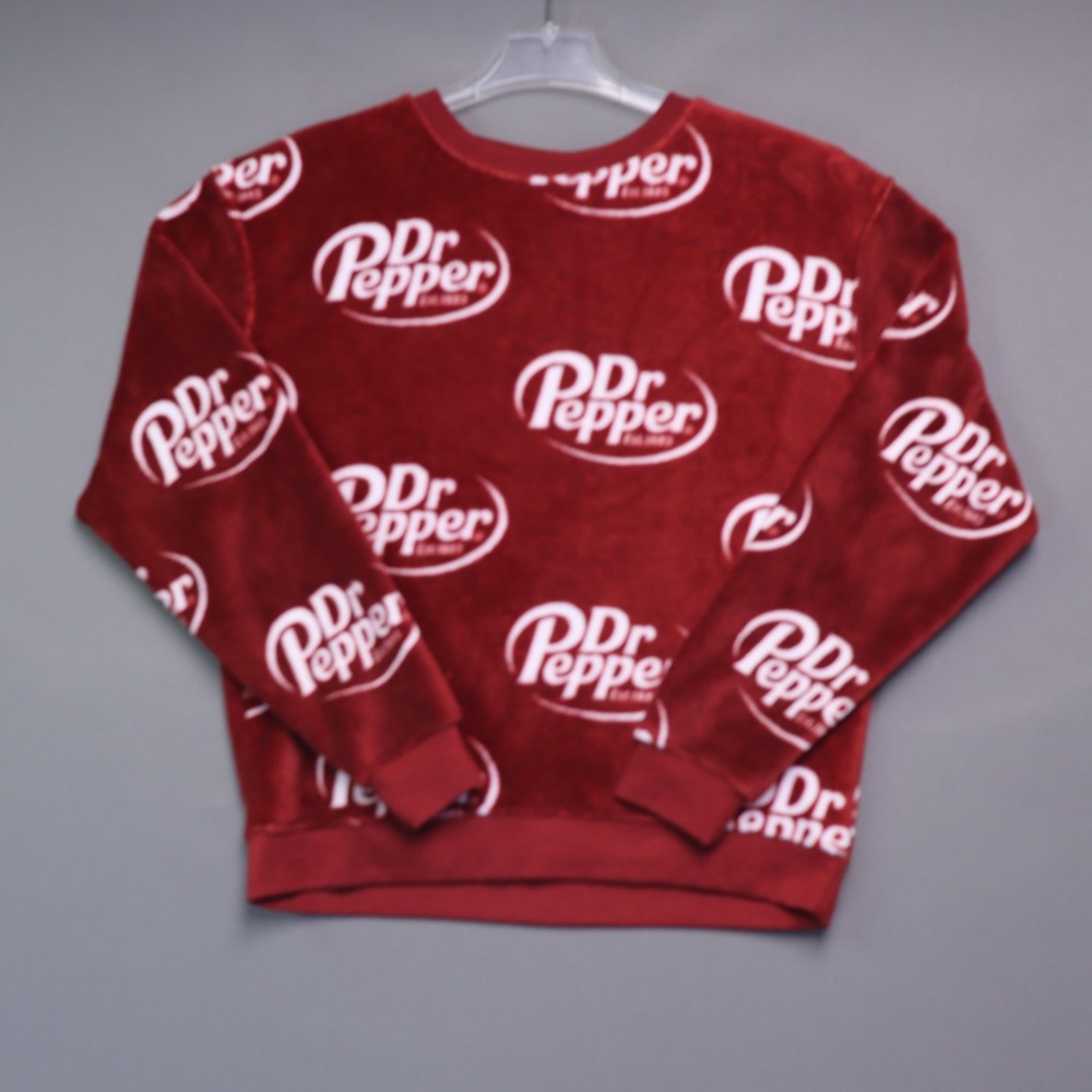 Dr Pepper Sweatshirt Mens Medium Red Excellent Plush Fleece Allover Logo Print